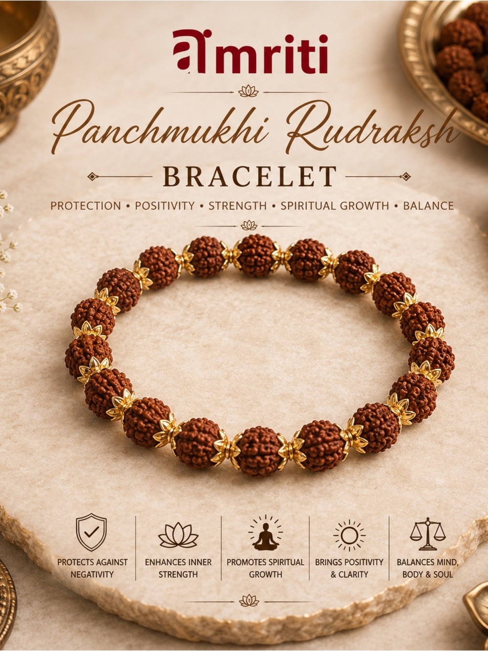 Panchmukhi Rudraksh Brown and Gold Spiritual Bracelet